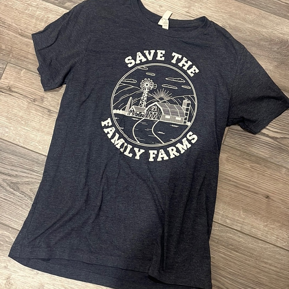 Medium save the family farms soft navy blue Bella canvas T-shirt